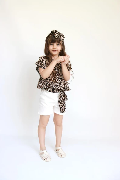 Kız Çocuk Viskon Leopar Madonna Yaka Şortlu Bandana Alt Üst Takım TKM-0178 - 9
