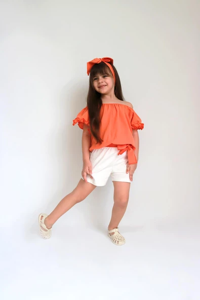 Kız Çocuk Sunny Turuncu Madonna Yaka Şortlu Bandana Alt Üst Takım TKM-0132.11 - 7