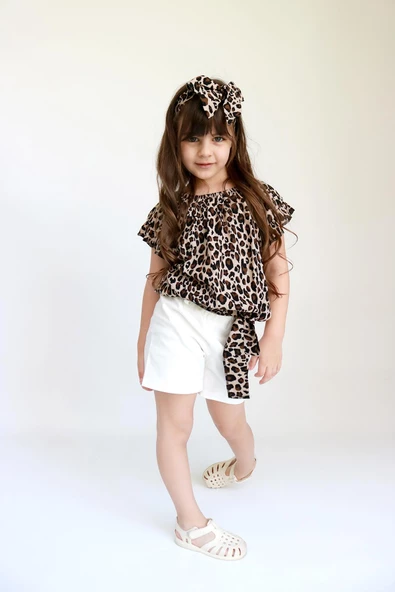 Kız Çocuk Viskon Leopar Madonna Yaka Şortlu Bandana Alt Üst Takım TKM-0178 - 5