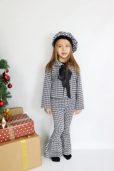 Kız Çocuk Siyah Lizbon Jakarlı Ekose Ceket Pantolon Kep Alt Üst Takım TKM-0179.2 - Resim 4