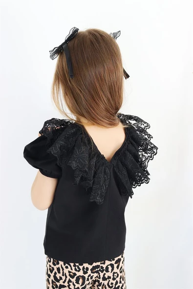 Kız Çocuk Bright Bisiklet Yaka Dantel Detaylı kısa kollu Siyah Bluz Leopar İspanyol Tayt Pantolon Tok Alt Üst Abiye 3'lü Takım TKM-0191.57 - Resim 7