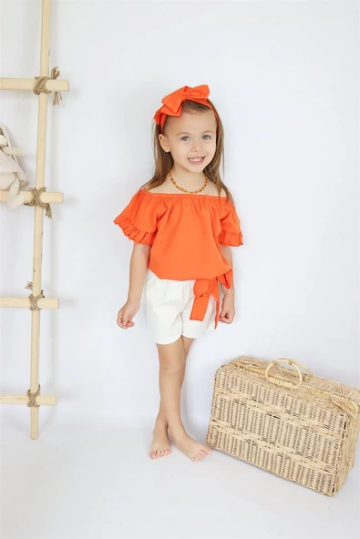Kız Bebek Sunny Turuncu Madonna Yaka Şortlu Bandana Alt Üst Takım TKM-0132.11 - 2