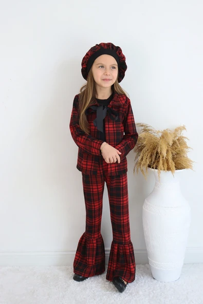 Kız Çocuk Kırmızı Lizbon Jakarlı Ekose Ceket Pantolon Kep Alt Üst Yılbaşı Takım
