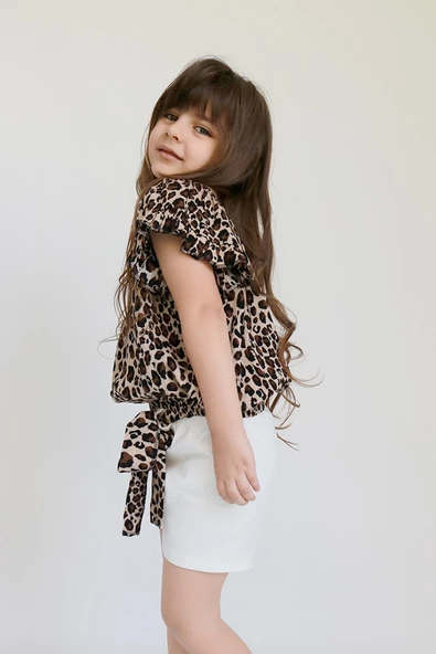 Kız Çocuk Viskon Leopar Madonna Yaka Şortlu Bandana Alt Üst Takım TKM-0178 - 1