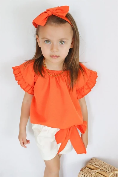 Kız Bebek Sunny Turuncu Madonna Yaka Şortlu Bandana Alt Üst Takım TKM-0132.11 - 5
