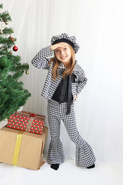 Kız Çocuk Siyah Lizbon Jakarlı Ekose Ceket Pantolon Kep Alt Üst Takım TKM-0179.2 ürün görseli 1