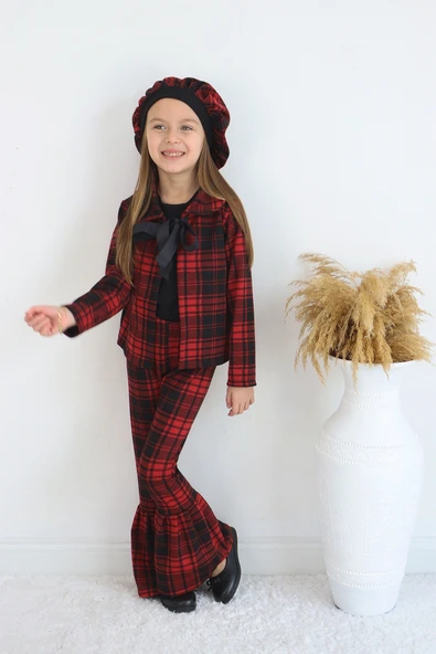 Kız Çocuk Kırmızı Lizbon Jakarlı Ekose Ceket Pantolon Kep Alt Üst Yılbaşı Takım - 2