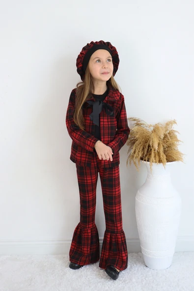 Kız Çocuk Kırmızı Lizbon Jakarlı Ekose Ceket Pantolon Kep Alt Üst Yılbaşı Takım - 4