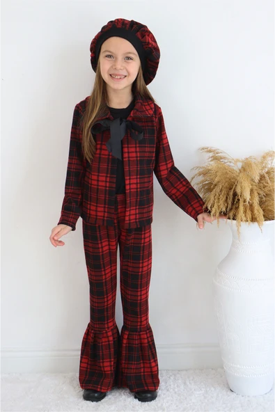 Kız Çocuk Kırmızı Lizbon Jakarlı Ekose Ceket Pantolon Kep Alt Üst Yılbaşı Takım - 6