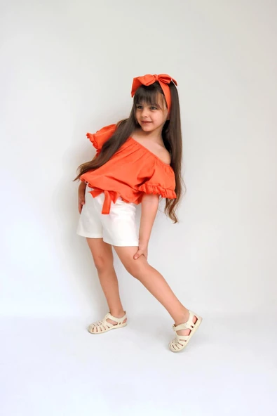 Kız Çocuk Sunny Turuncu Madonna Yaka Şortlu Bandana Alt Üst Takım TKM-0132.11 - 5