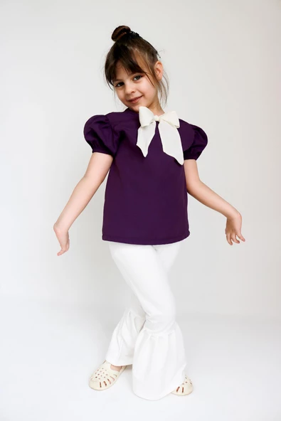 Kız Çocuk Lilyum Mor Bluz Krem Pantolon Alt Üst Takım TKM-0186.13 - 3