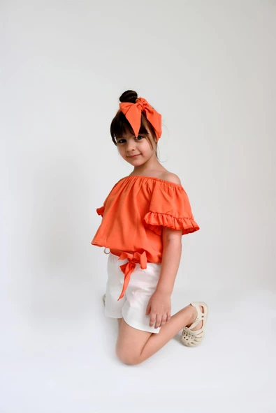 Kız Çocuk Sunny Turuncu Madonna Yaka Şortlu Bandana Alt Üst Takım TKM-0132.11 - 2