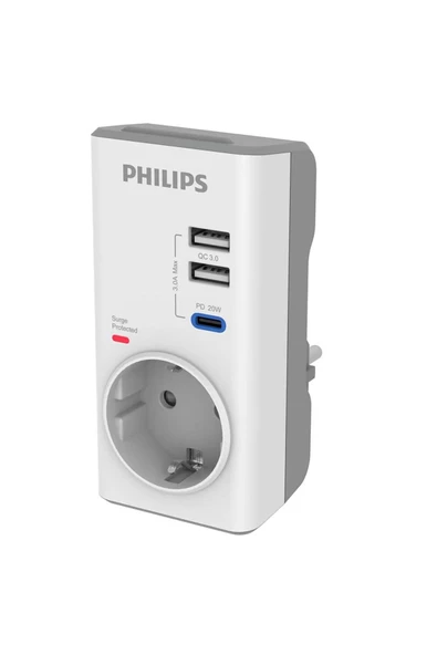 Philips CHP8010W/10 Tekli Akım Korumalı Priz PD Hızlı Şarj QC 3.0 USB-A Desteği