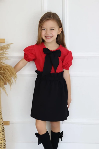Kız Çocuk Kırmızı Açelya Etek Bluz Alt Üst Takım TKM-0187.3