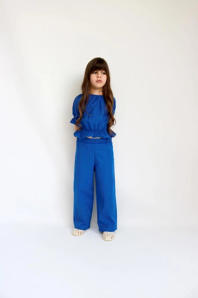 Kız Çocuk Saks Mavi Ocean Madonna Yaka Pantolon Bluz Takım - Resim 2