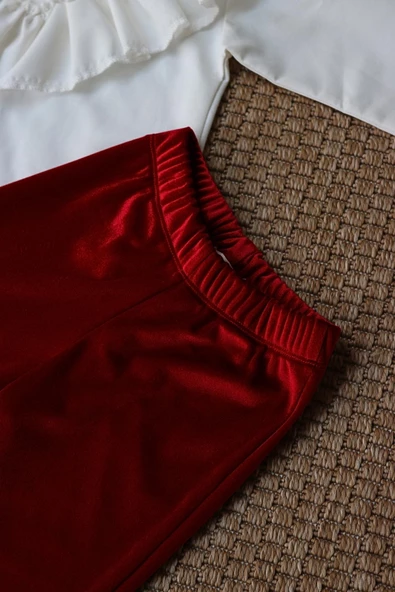 Kız Çocuk Velvet Uzun Kollu Fırfırlı Body Bluz İspanyol Kadife Tayt Pantolon Takım KIRMIZI - Resim 9