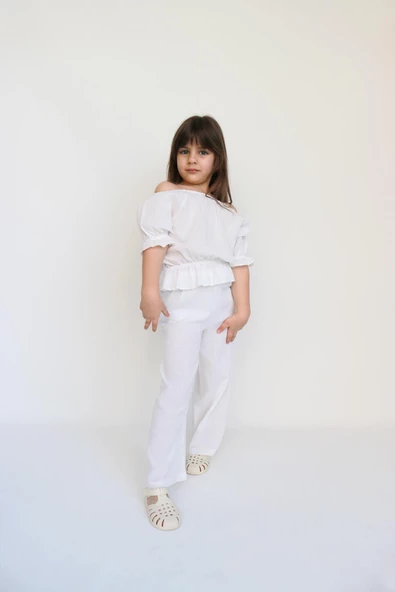 Kız Çocuk Gloria Beyaz Şile Bezi Bluz Pantolon Takım - Resim 8