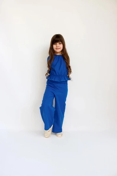 Kız Çocuk Saks Mavi Ocean Madonna Yaka Pantolon Bluz Takım - Resim 3