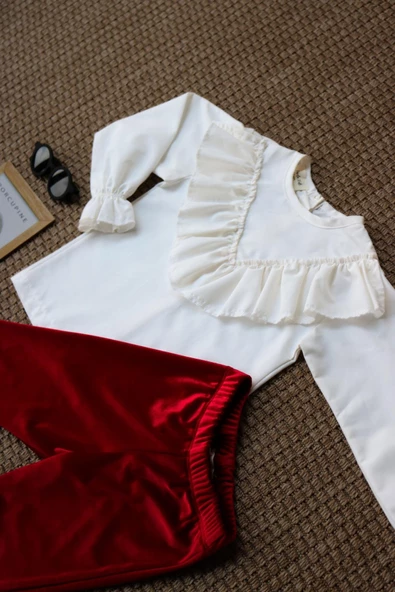 Kız Çocuk Velvet Uzun Kollu Fırfırlı Body Bluz İspanyol Kadife Tayt Pantolon Takım KIRMIZI - Resim 7