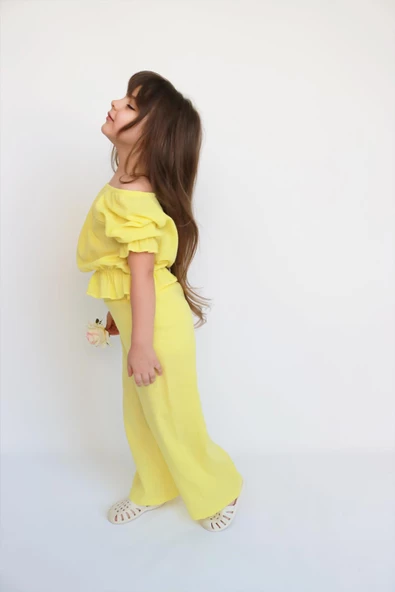 Kız Çocuk Gloria Sarı Şile Bezi Bluz Pantolon Takım - 5