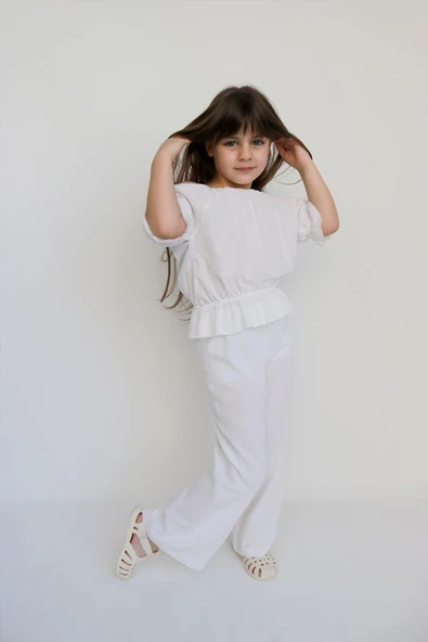 Kız Çocuk Gloria Beyaz Şile Bezi Bluz Pantolon Takım - Resim 2