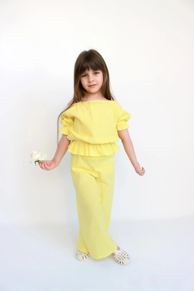 Kız Çocuk Gloria Sarı Şile Bezi Bluz Pantolon Takım - 8