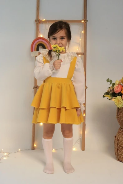 Kız Çocuk Helen Sarı Askılı Kat Kat Bağlama Jile Elbise Dantel Detay Ekru Uzun Kollu Bluz Takım TKM-0190.4