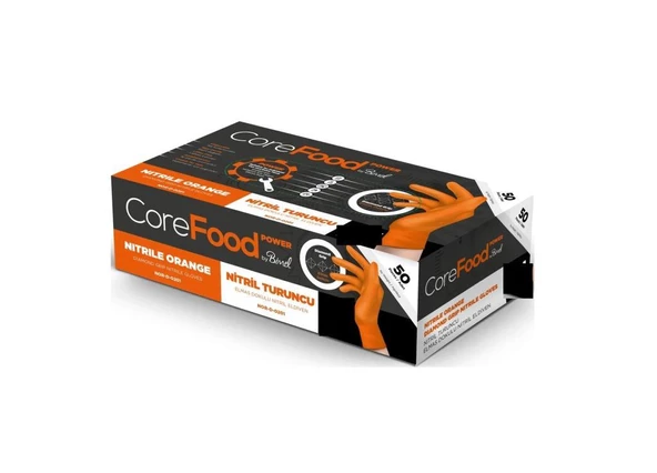 CoreFood Turuncu Tırtıklı Muayene Eldiveni L 50li paket - 1