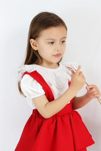 Kız Çocuk Helen Kırmızı Askılı Kat Kat Bağlama Jile Elbise Dantel Detay Ekru Kısa Kollu Bluz Takım TKM-0181.3 - 6