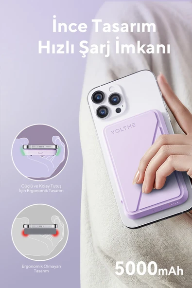 Voltme MagPak 5000mAh Magsafe Kablosuz Powerbank- Usb-C /MagSafe Hızlı Şarj Lila 22.5W - 2
