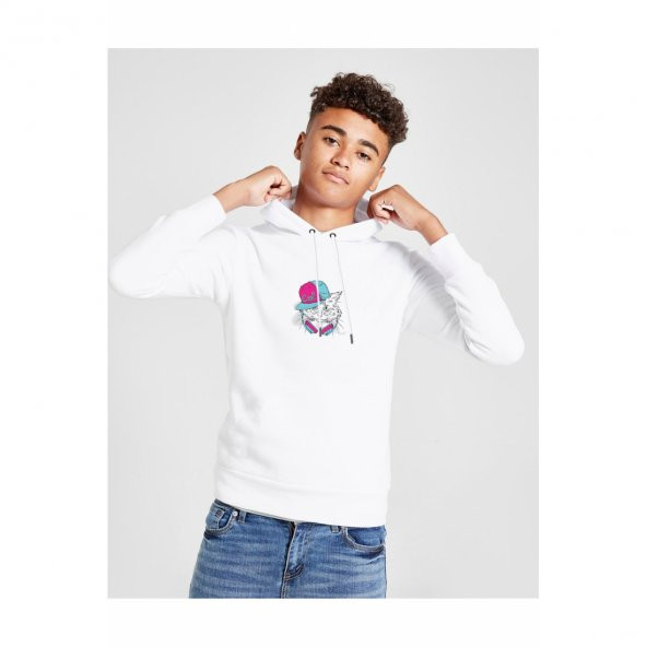 Yeşil Gözlü Beyaz Kedi Pembe Ve Baskılı Unisex Çocuk Kapüşonlu Beyaz Sweatshirt