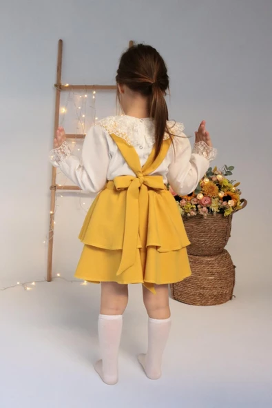 Kız Çocuk Helen Sarı Askılı Kat Kat Bağlama Jile Elbise Dantel Detay Ekru Uzun Kollu Bluz Takım TKM-0190.4 - 3