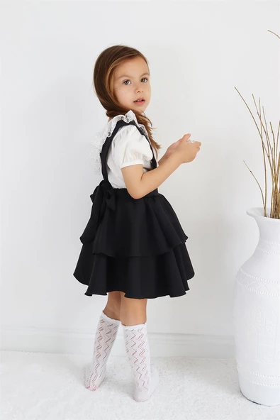 Kız Çocuk Helen Siyah Askılı Kat Kat Bağlama Jile Elbise Dantel Detay Ekru Kısa Kollu Bluz Takım TKM-0181.2 - Resim 2