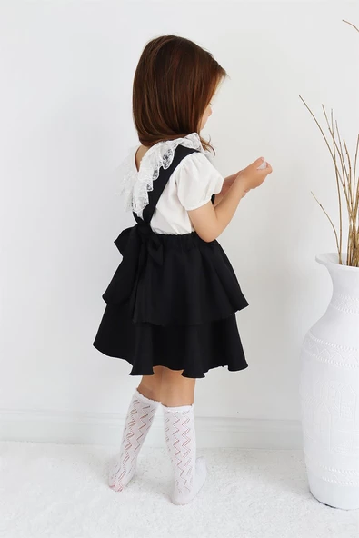 Kız Çocuk Helen Siyah Askılı Kat Kat Bağlama Jile Elbise Dantel Detay Ekru Kısa Kollu Bluz Takım TKM-0181.2 - Resim 6