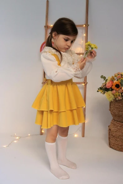 Kız Çocuk Helen Sarı Askılı Kat Kat Bağlama Jile Elbise Dantel Detay Ekru Uzun Kollu Bluz Takım TKM-0190.4 - 2