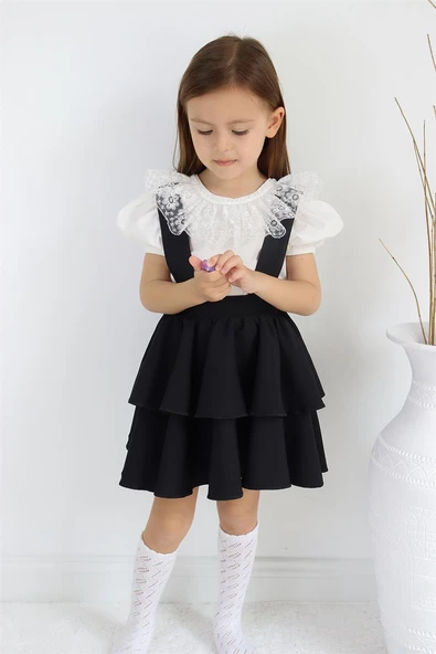 Kız Çocuk Helen Siyah Askılı Kat Kat Bağlama Jile Elbise Dantel Detay Ekru Kısa Kollu Bluz Takım TKM-0181.2 - Resim 7