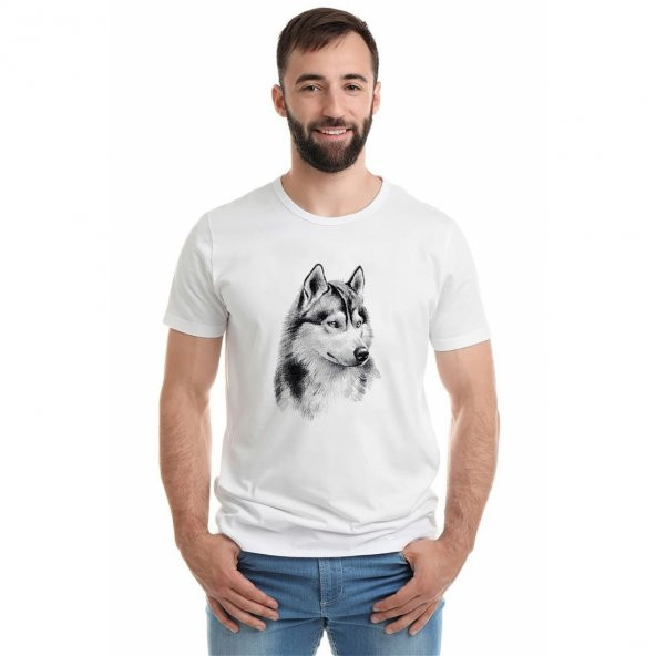 Wolf Kurt Sibirya Köpek Karakalem Çizim Baskılı Beyaz Erkek Örme Tshirt - 1