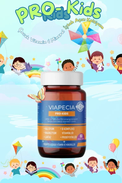 VİAPECİA PRO-KIDS Çocuk Vitamin & Mineral İştah Açıcı Kalsiyum B1-B2-B5-B6 Vitaminleri Laktaz 60 Ad