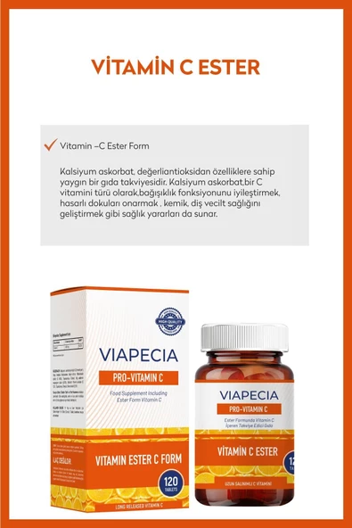VİAPECİA Pro- Vitamin C Daha Yüksek Emilim, Uzun Süreli Salınım Ve Koruma 120 Tablet C Vitamini - 4