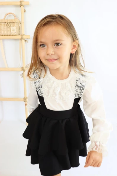 Kız Çocuk Helen Siyah Askılı Kat Kat Bağlama Jile Elbise Dantel Detay Ekru Uzun Kollu Bluz Takım TKM-0181.2 - 3
