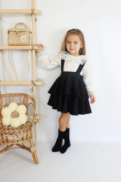 Kız Çocuk Helen Siyah Askılı Kat Kat Bağlama Jile Elbise Dantel Detay Ekru Uzun Kollu Bluz Takım TKM-0181.2 - 8