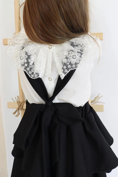Kız Çocuk Helen Siyah Askılı Kat Kat Bağlama Jile Elbise Dantel Detay Ekru Uzun Kollu Bluz Takım TKM-0181.2 - 6