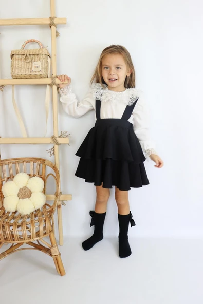 Kız Çocuk Helen Siyah Askılı Kat Kat Bağlama Jile Elbise Dantel Detay Ekru Uzun Kollu Bluz Takım TKM-0181.2