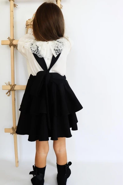 Kız Çocuk Helen Siyah Askılı Kat Kat Bağlama Jile Elbise Dantel Detay Ekru Uzun Kollu Bluz Takım TKM-0181.2 - 9