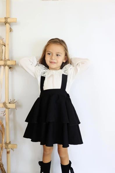 Kız Çocuk Helen Siyah Askılı Kat Kat Bağlama Jile Elbise Dantel Detay Ekru Uzun Kollu Bluz Takım TKM-0181.2 - 2