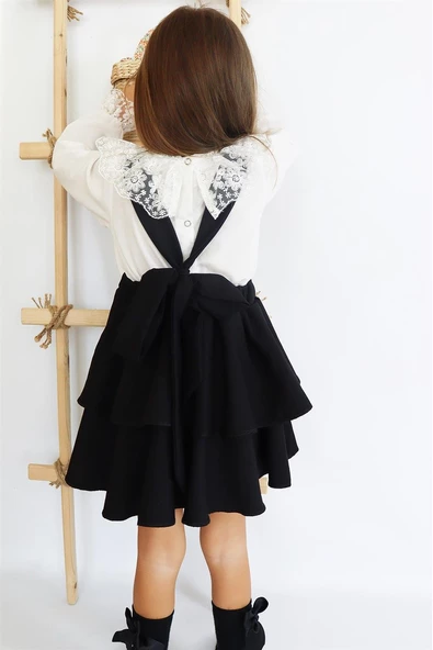 Kız Çocuk Helen Siyah Askılı Kat Kat Bağlama Jile Elbise Dantel Detay Ekru Uzun Kollu Bluz Takım TKM-0181.2 - 5