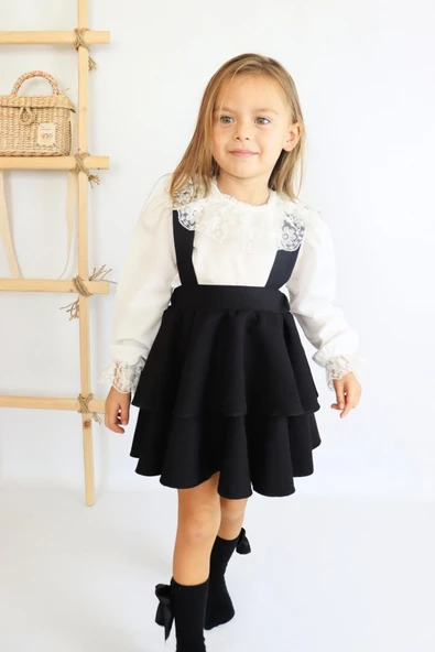 Kız Çocuk Helen Siyah Askılı Kat Kat Bağlama Jile Elbise Dantel Detay Ekru Uzun Kollu Bluz Takım TKM-0181.2 - 7