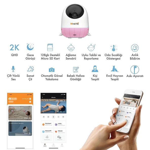 Ayt Whome Yapay Zeka Destekli 360 Derece Dönebilen Gece Görüşlü Pembe Wifi Bebek Güvenlik Kamerası 32 Gb Destekli - 3