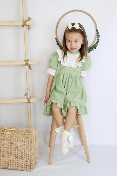 Kız Bebek Ruby Yeşil Fırfırlı Dantel Detaylı Kısa Kollu Elbise Bandana Takım ELB-0070.7 - Resim 3