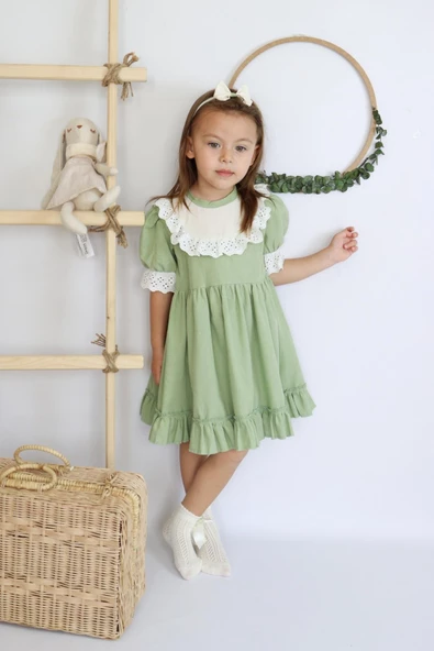 Kız Bebek Ruby Yeşil Fırfırlı Dantel Detaylı Kısa Kollu Elbise Bandana Takım ELB-0070.7 - Resim 2